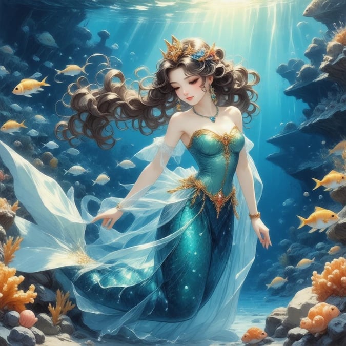 Immerse yourself in the enchanting world of anime with this captivating wallpaper featuring a mermaid princess emerging from the ocean, surrounded by a school of sparkling fish amidst a vibrant coral reef.