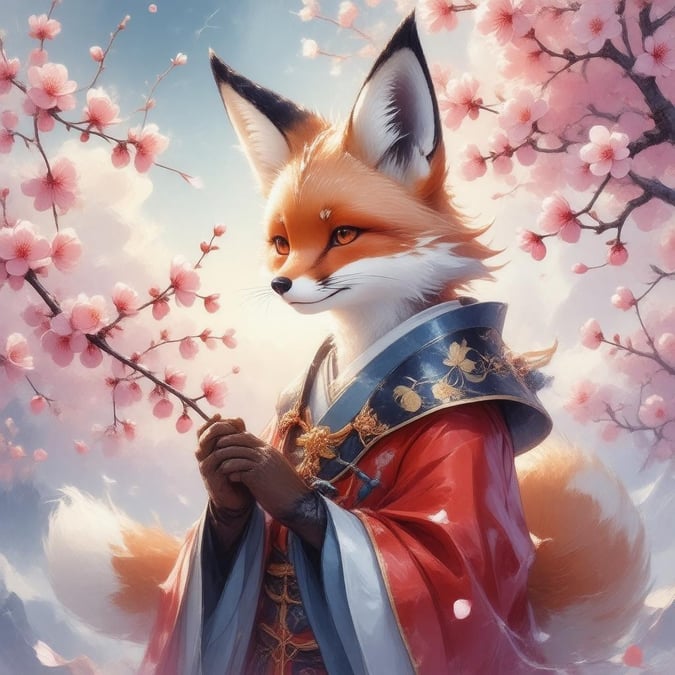 Immerse yourself in the enchanting world of anime with this captivating wallpaper featuring a majestic fox spirit amidst a sea of cherry blossom trees and a vibrant sky.