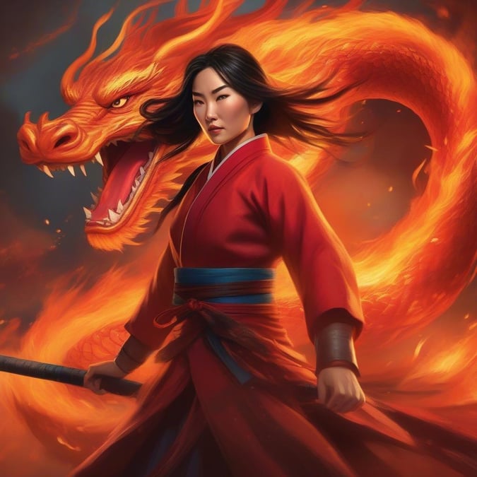 Mulan, the brave Disney warrior, stands strong with her trusty dragon by her side.