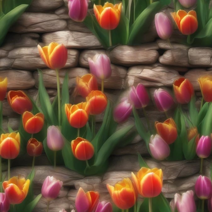 A vibrant floral wallpaper featuring tulips blooming on a stone wall. Perfect for adding a touch of spring to your digital desktop or mobile device.