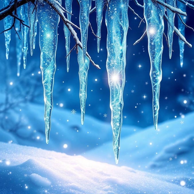 A serene snowy night, with ice icicles hanging down from tree branches. The perfect holiday ambiance.