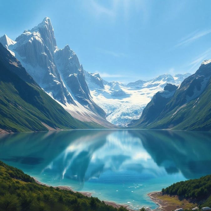 This stunning image captures the essence of nature's beauty, with a crystal-clear lake reflecting the surrounding mountains and a glacier in the distance. The serene atmosphere is enhanced by the wispy clouds in the sky, creating a sense of peace and tranquility.