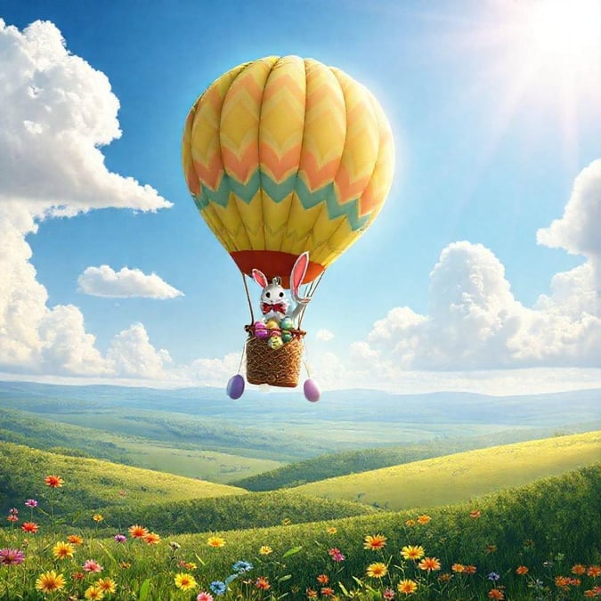 Soar into the Easter spirit with this delightful wallpaper featuring a bunny in a hot air balloon, surrounded by colorful eggs and flowers.