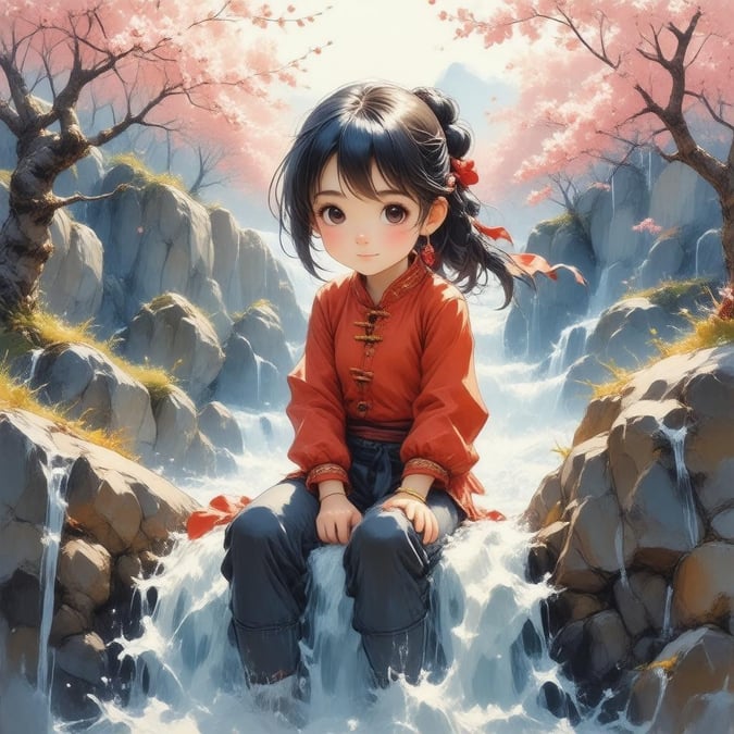 This captivating anime wallpaper features a young ninja girl in a serene environment, surrounded by the beauty of nature. The illustration showcases the girl's unique facial features, with blue and pink hues, as she sits atop a waterfall, gazing directly at the viewer. The vibrant scene, characterized by warm yellow and orange tones, evokes a sense of tranquility and wonder.