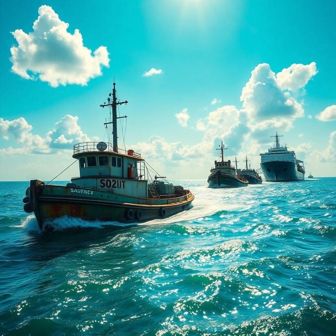 A serene seascape with a few ships in the distance, perfect for a desktop or mobile wallpaper.