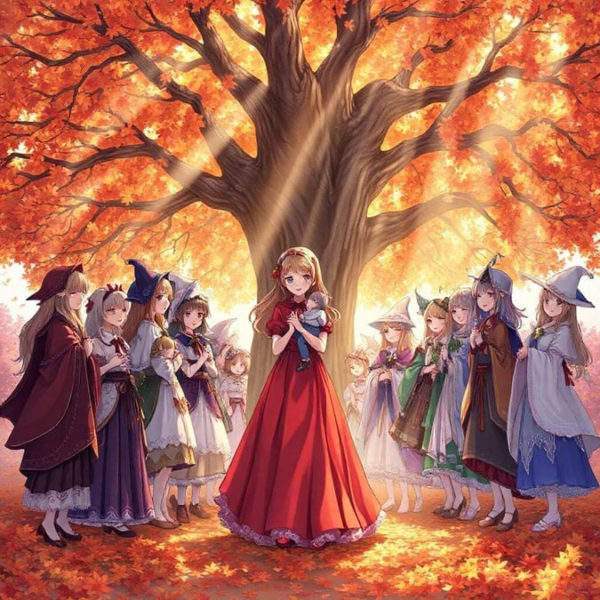 This enchanting anime illustration features a group of girls in magical attire gathered around a large tree with a glowing academie, set against the backdrop of autumn foliage.