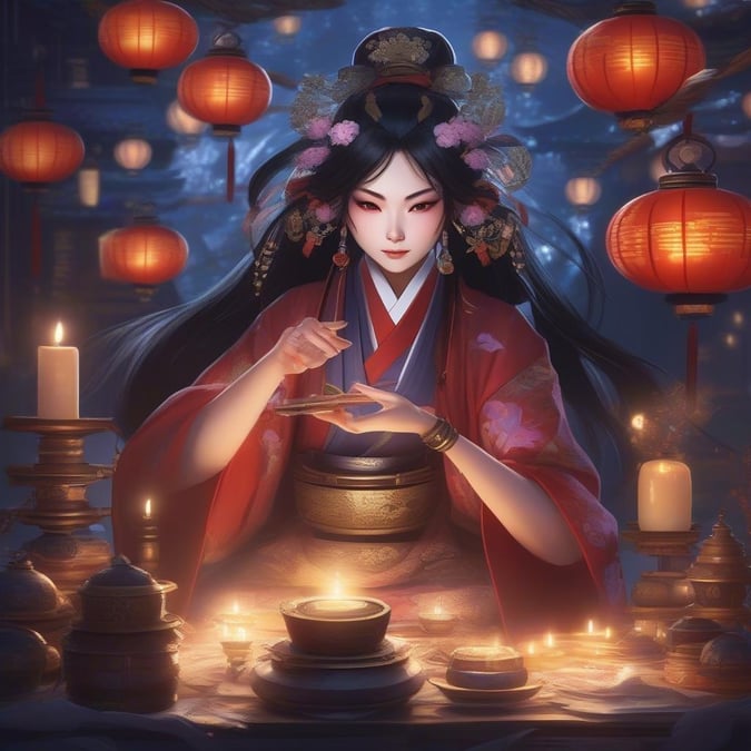 A tranquil scene of an anime character, dressed in traditional Japanese attire, preparing a bowl of tea as part of a mystical ritual.