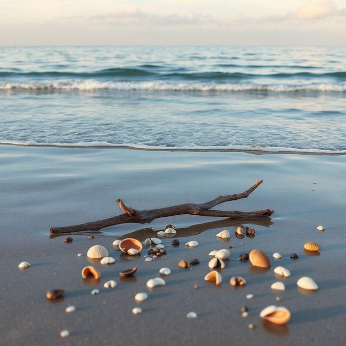 A tranquil beach scene with seashells scattered on the sand, evoking a sense of relaxation and peacefulness.