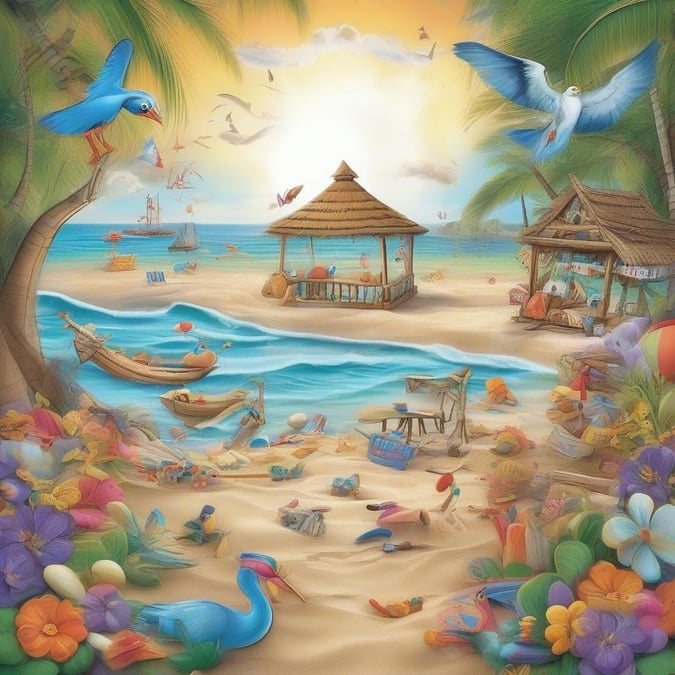 A cartoon depiction of a vibrant tropical island, bustling with palm trees, exotic birds, and colorful marine life.