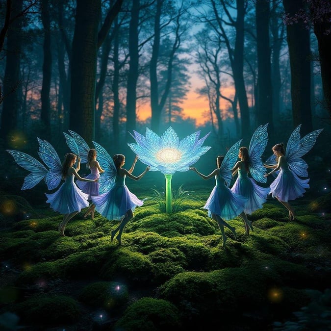 Step into a world of fantasy and magic with this captivating wallpaper featuring fairies and a glowing flower.