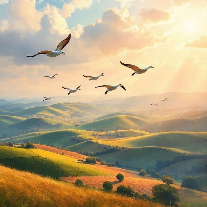 This beautiful nature landscape wallpaper features a serene and peaceful scene with rolling hills and birds flying in the sky. The image is perfect for anyone who loves nature and wants to bring a touch of the outdoors into their home or office.