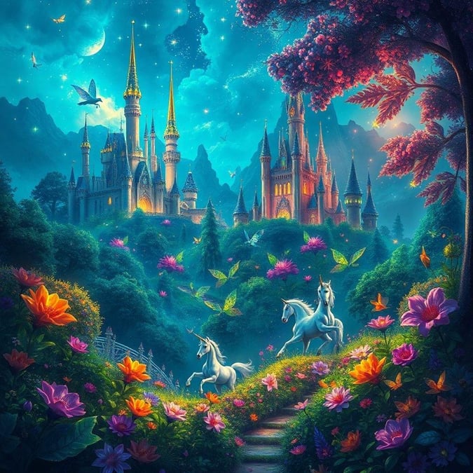 Escape into a whimsical world of fantasy with this stunning forest wallpaper, featuring towering trees, sparkling flowers, and a hint of magic.