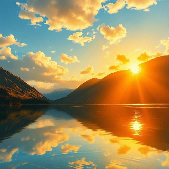 Desfrute da beleza tranquila da natureza com um vibrante nascer do sol refletido em um lago sereno aninhado entre majestosas montanhas.