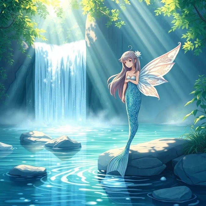 Cette illustration anime enchanteresse présente une délicate sirène avec des ailes élégantes, se tenant dans un cadre naturel serein, entourée par une cascade, créant une atmosphère éthérée.