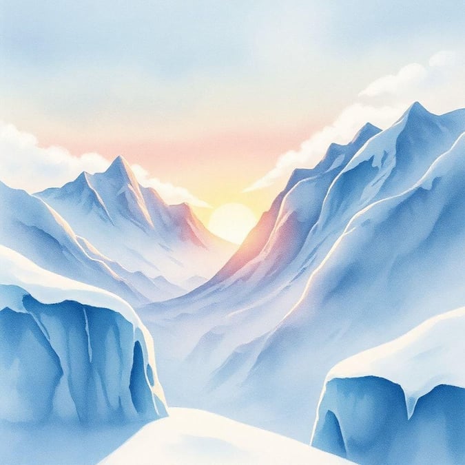 A serene and breathtaking view of a mountain range at sunset, with snow-capped peaks and a vibrant sky.