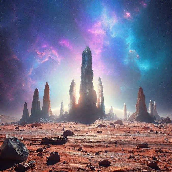 This stunning sci-fi landscape wallpaper features a breathtaking alien planet with towering rock formations and a vibrant, starry sky. The perfect desktop or mobile wallpaper for fans of science fiction and fantasy.