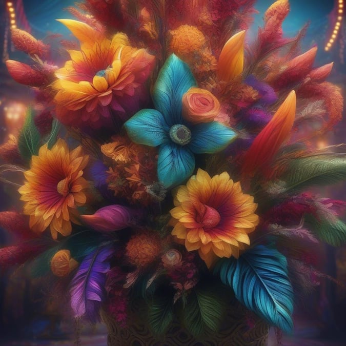 A festive flower arrangement with a colorful array of orchids and plumes, perfect for celebrating the spirit of carnivals and parties.