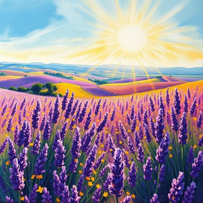 Experience the beauty of nature with this stunning lavender field at sunrise. The rolling hills and vibrant purple flowers create a breathtaking scene that's perfect for any season.