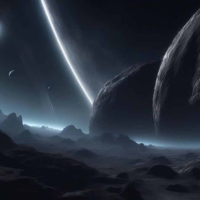 In this otherworldly scene, you can almost hear the silence that only exists on distant planets. The landscape is rugged and dark, with jagged rocks that pierce through the thin atmosphere of this celestial body. Above, a crescent moon orbits the planet, casting an eerie glow over the surface below.