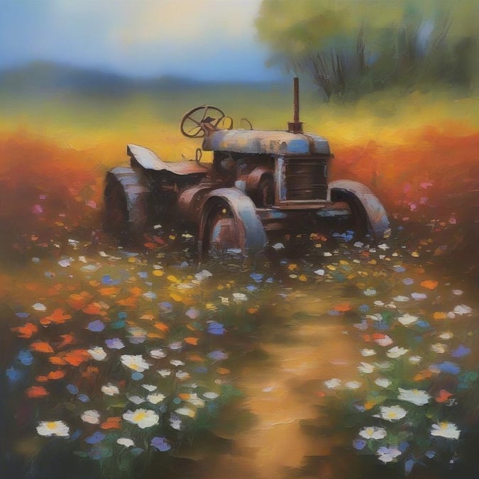 This old-fashioned tractor in a field of flowers evokes the charm of rural life.