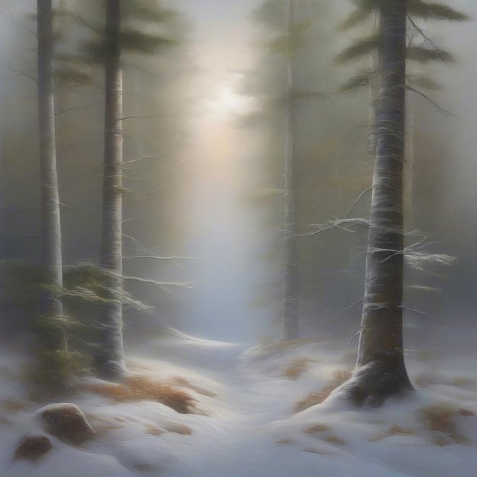 Escape to a winter wonderland with this stunning wallpaper, featuring snow-covered trees and a bright sun shining through the fog.