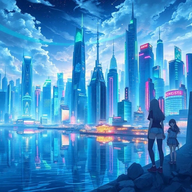 Immerse yourself in the serene beauty of this anime-inspired cityscape, where towering skyscrapers and neon lights harmonize with the calming body of water.