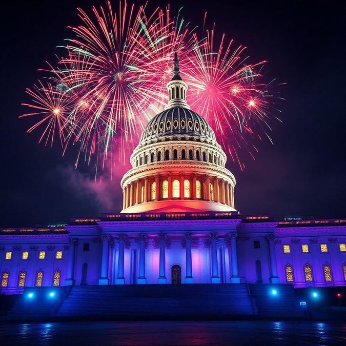 An iconic view of the U.S. Capitol Building on Independence Day, with fireworks soaring in the sky above the majestic domed structure.