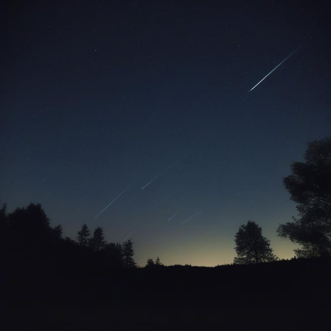 A stunning night sky with a shooting star, surrounded by trees and a darkened landscape.