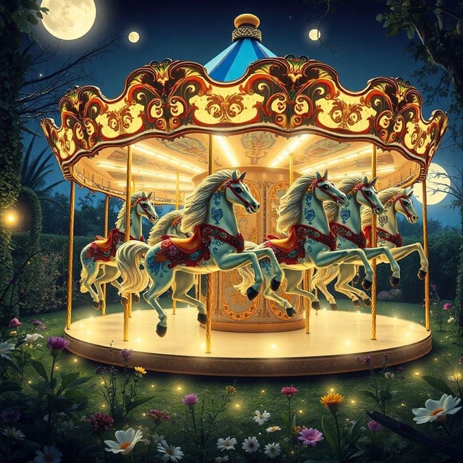 Escape into a whimsical world of fantasy with this stunning wallpaper, featuring a majestic carousel in a lush forest setting.