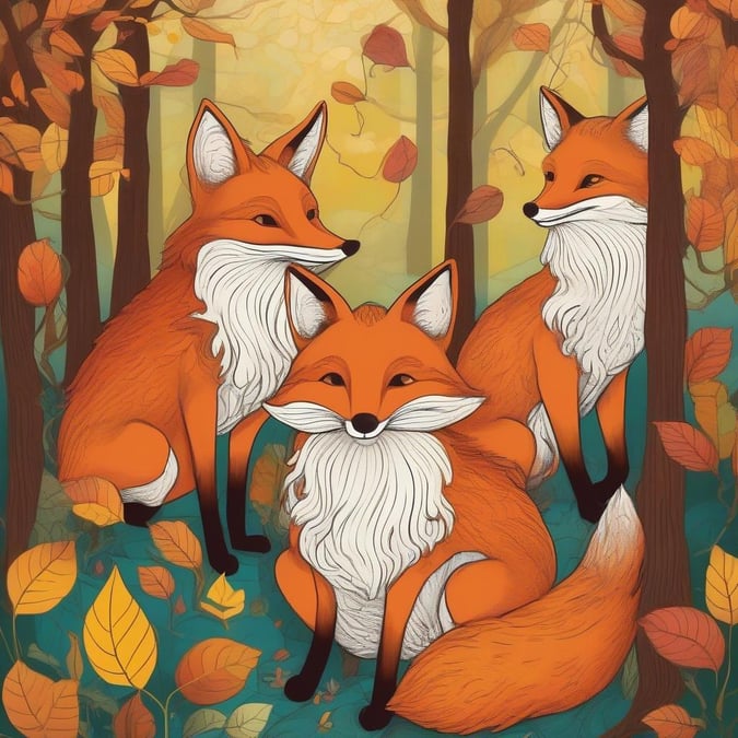 Trois esprits de renard espiègles gambadent dans une forêt enchantée sous la douce lumière de l'automne. Leur esprit aventurier apporte de la vitalité aux bois tranquilles, transformant chaque feuille en un spectacle.