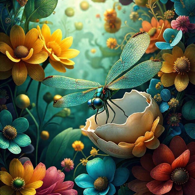 This stunning wallpaper features a dragonfly in a vibrant garden of flowers, perfect for adding a touch of nature to your desktop or mobile device.