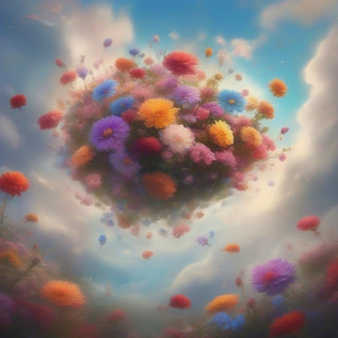 A whimsical garden of vibrant flowers floats amidst the clouds, filling the sky with colorful beauty. This wallpaper brings a touch of nature's magic to any desktop or mobile device.