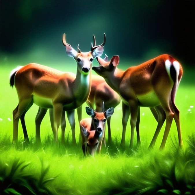 A captivating scene from nature, showcasing a trio of deer with a baby deer. They stand together on lush green grass, their eyes full of life and love.