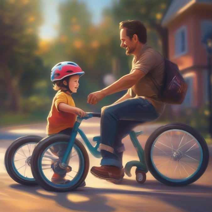 A heartwarming scene of a father teaching his son how to ride a bicycle. They are out on the street, and it looks like they are enjoying some quality time together. The little boy is wearing a helmet for safety while his dad holds him steady. This image would be perfect as a desktop wallpaper for Father's Day.