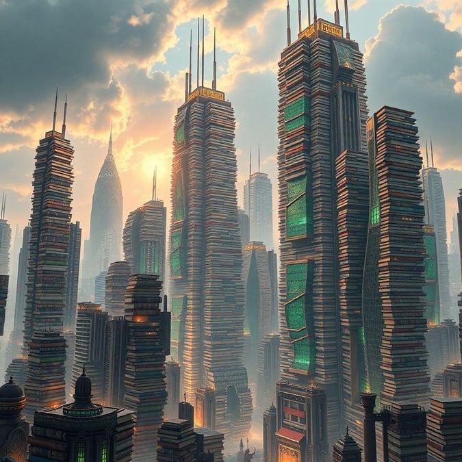 The future of urban architecture as imagined by the creators of Cyberpunk 2077. A city where knowledge and power are synonymous with towering skyscrapers each representing a different book. The sun sets amidst the haze, casting an ethereal glow on this edifice.