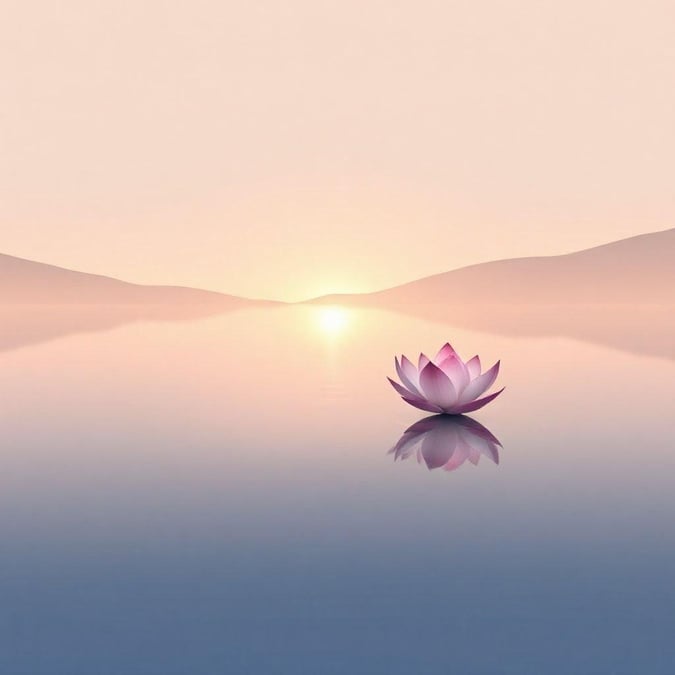 A serene sunset over calm waters with the tranquil lotus flower at its center, evoking themes of peace and harmony.