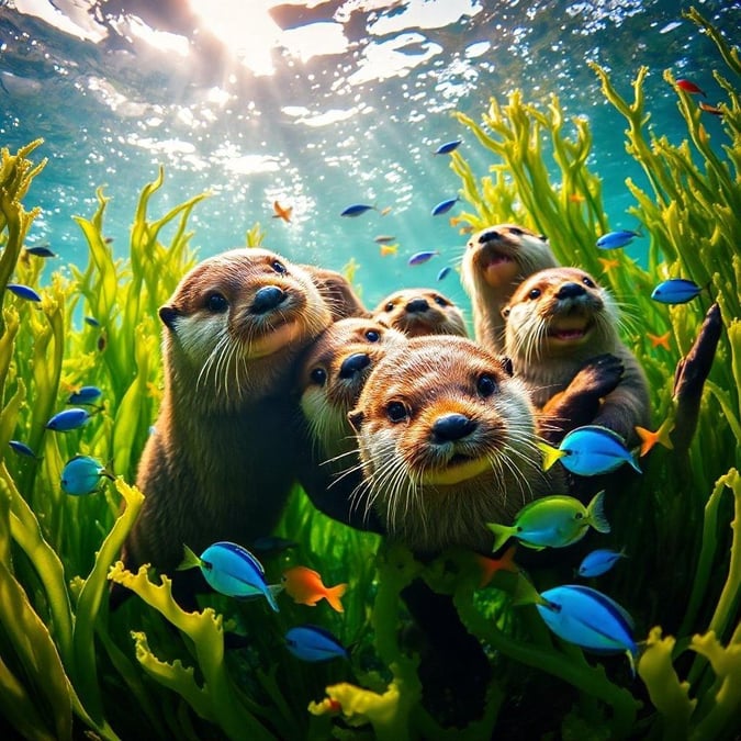 Dive into the world of underwater friends with this stunning wallpaper featuring a group of otters and fish swimming together in harmony.