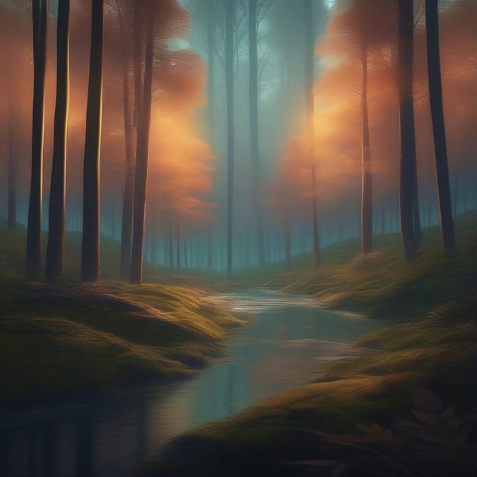 A serene autumnal forest scene with glowing tree trunks, a quiet stream, and misty hills.