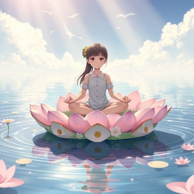 This serene anime-style wallpaper features a young girl meditating in a boat of lotus flowers, drifting across a peaceful lake. The intricate details of the boat and the subtle color palette create a harmonious scene.