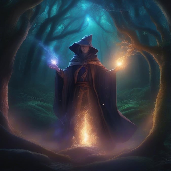 A wizard from the realm of anime, conjuring magical energy in a mystical forest. The wizard is robed and focused on casting powerful spells.