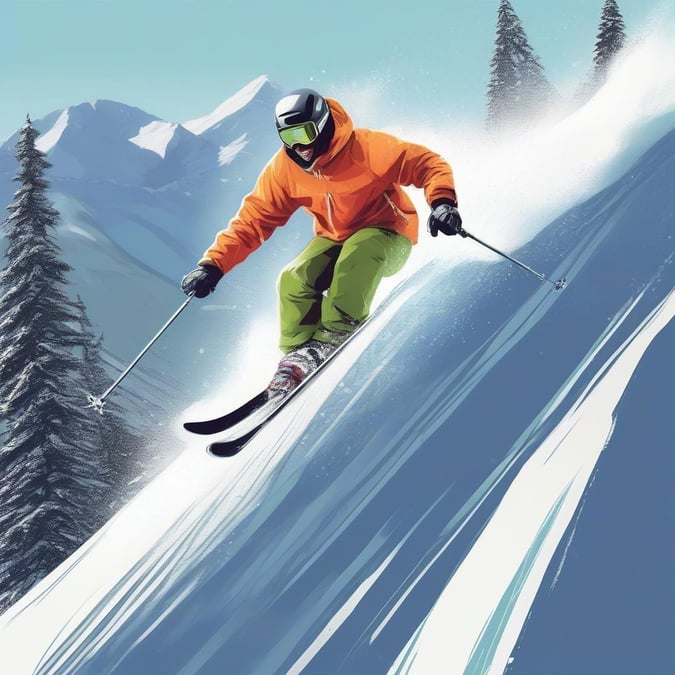 This image is a perfect representation of the thrill and excitement of skiing. The skier is captured in mid-air, their body bent at the knees and arms outstretched as they navigate down the snowy slope. The background of the image is a breathtaking view of the mountains, with snow-capped peaks rising up into the sky. The overall effect is one of dynamic movement and energy, capturing the essence of the skiing experience.