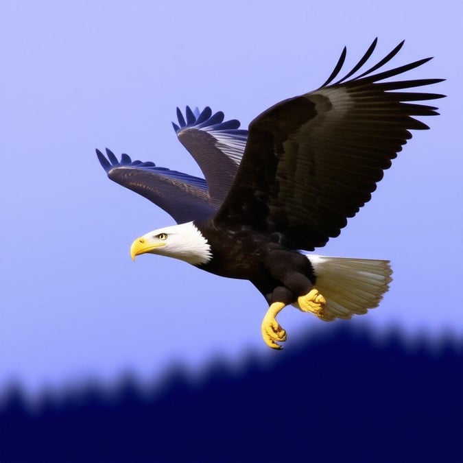 This stunning wallpaper features a majestic bald eagle soaring through the sky, its wings spread wide and its feathers ruffled by the wind. The eagle's piercing gaze and powerful talons make it a symbol of strength and freedom.