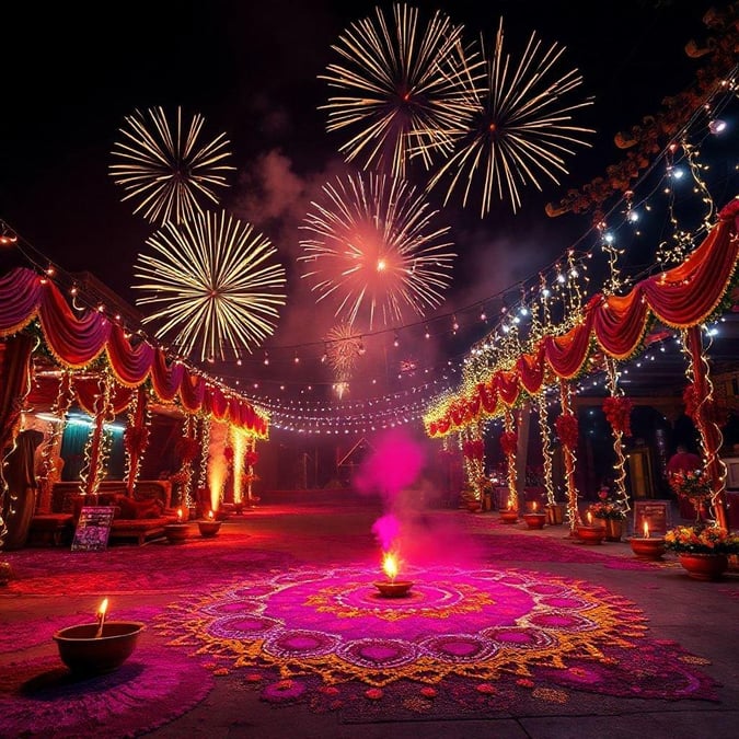 A captivating scene from the Diwali Festival, showcasing vivid fireworks and colorful decorations illuminating a festively adorned street.