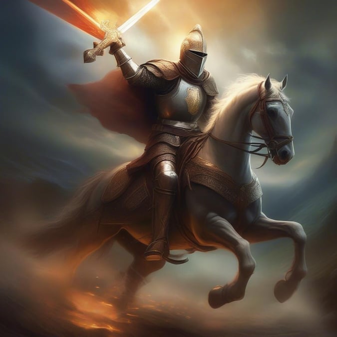 This fantasy wallpaper features a knight riding a horse, ready for battle.