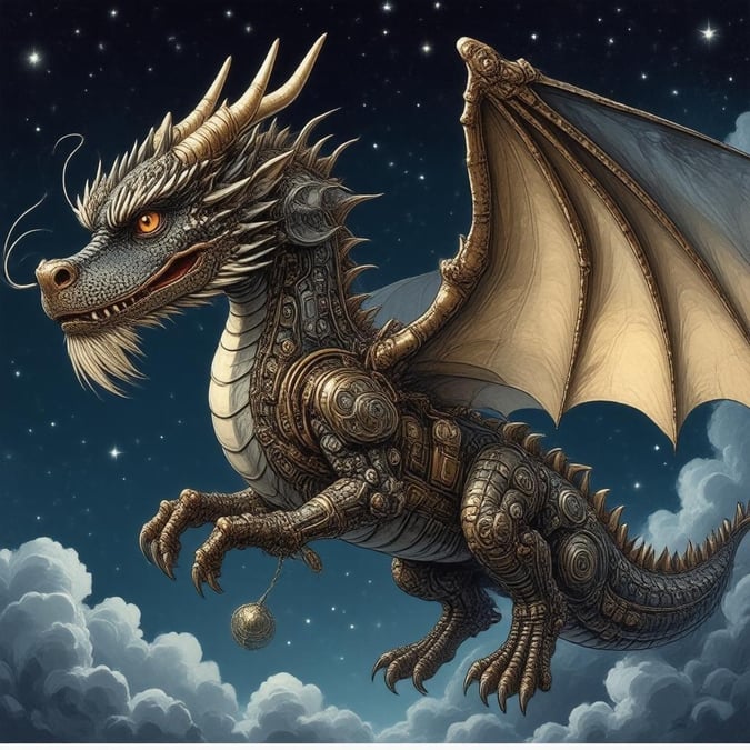 This stunning wallpaper features a majestic steampunk-inspired dragon in flight, set against a backdrop of a starry night sky. The intricate details of the dragon's scales and wings create a sense of depth and realism, while its sharp claws and enigmatic eye draw the viewer's attention. Perfect for fans of fantasy and adventure, this wallpaper is sure to transport you to a world of wonder and magic.