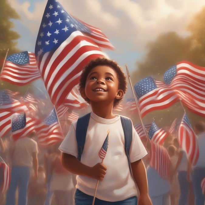 This image captures the spirit of Independence Day, with a young child standing proudly among a crowd holding American flags. The vibrant colors and patriotic symbols make it a perfect wallpaper for the holiday.