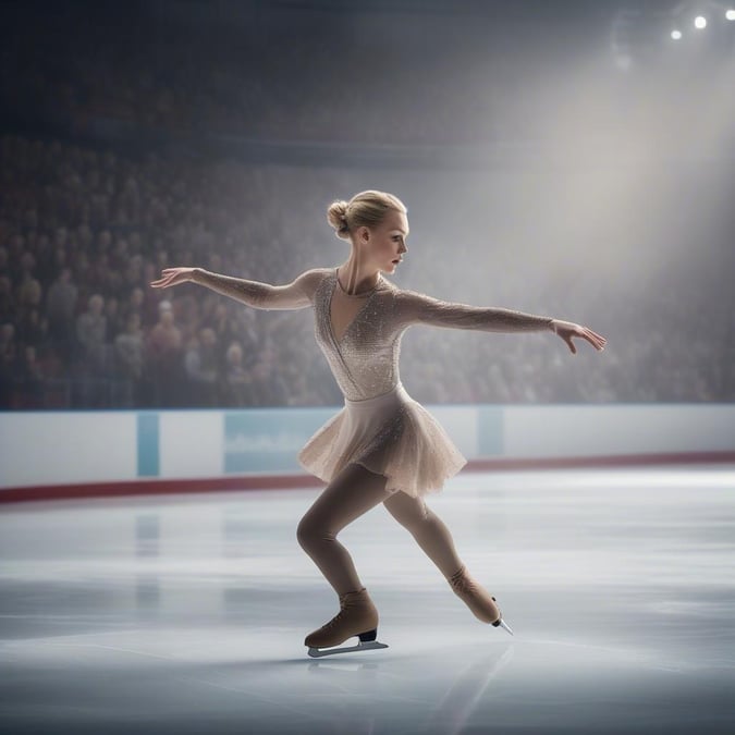 This stunning wallpaper captures the grace and elegance of figure skating, a sport that requires precision, strength, and artistry. The image showcases a female figure skater in a dynamic pose, her arms outstretched and her body poised mid-movement, as if frozen in time.