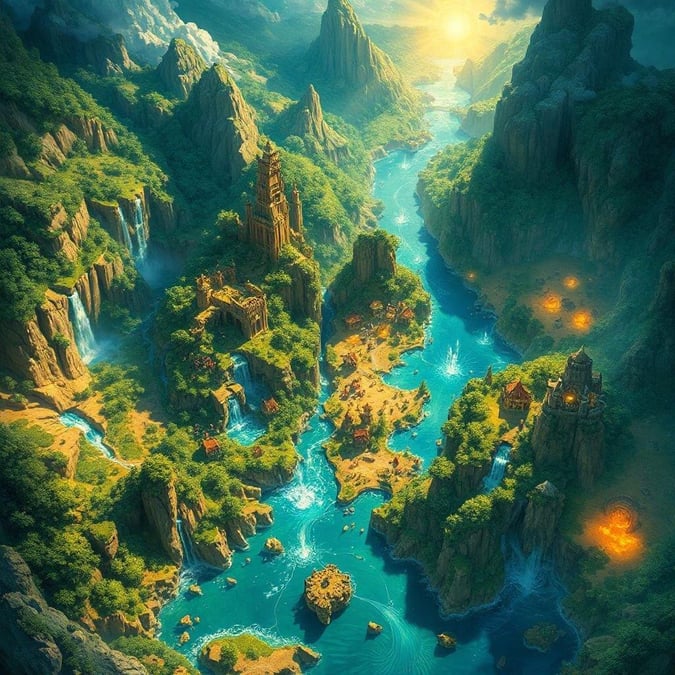 An idyllic fantasy scene with a tranquil river winding through verdant mountains, culminating in a majestic waterfall. The warm glow of the sun casts a serene ambiance over this mystical land.