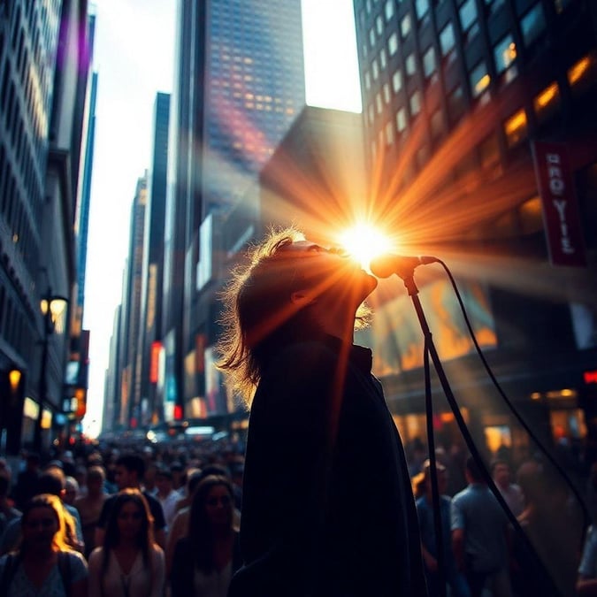 This image captures an enchanting moment of music in the heart of a bustling city. The sun, peeking through the towering skyscrapers, creates a stunning spotlight effect on the singer, making them appear almost divine amidst the urban landscape.