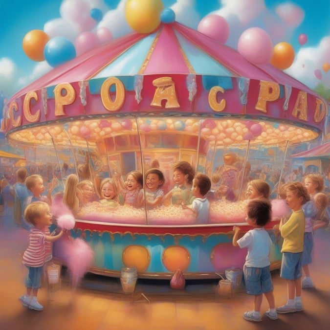 Vibrant carousel scene with children enjoying the ride, colorful bubbles in the sky adding to festive atmosphere.